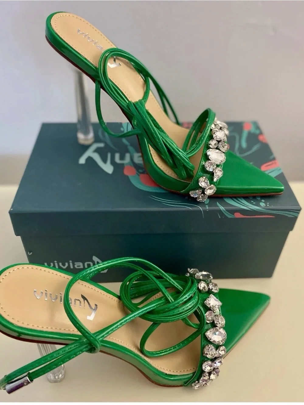 Vivianly Green Wrap-Ankle Crystal-Embellished Stiletto Sandals